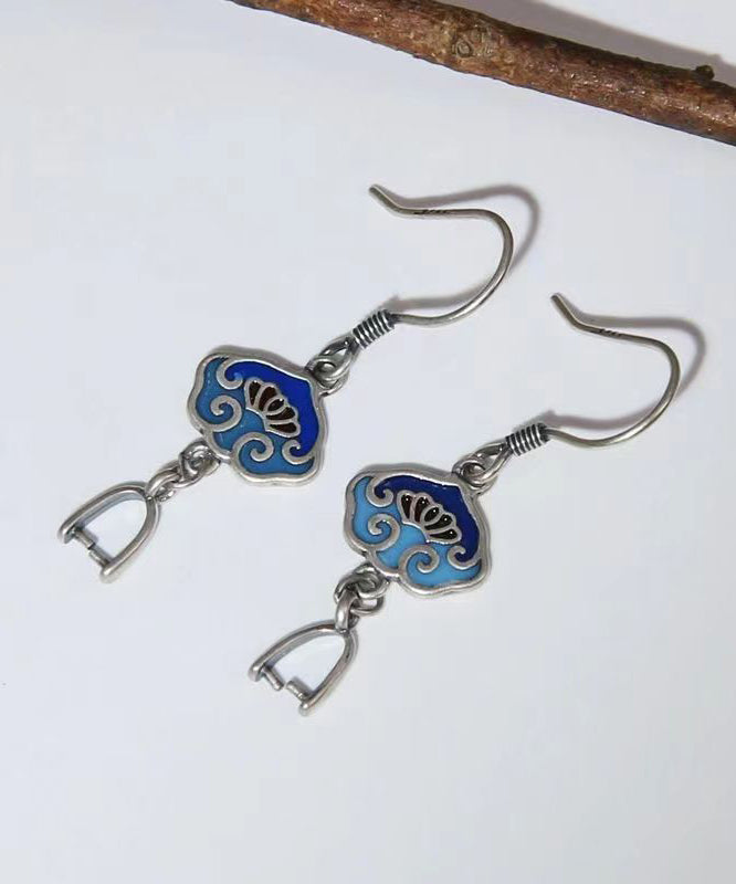 DIY Vintage Blue Floral Patchwork Silver Drop Earrings