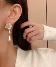 DIY White Alloy Pearl Zircon Floral Drop Earrings