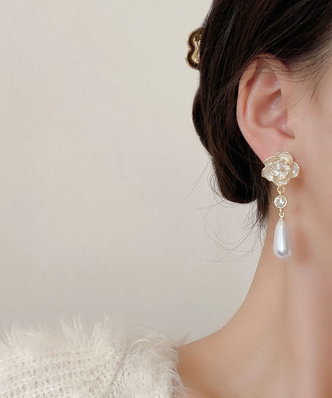 DIY White Alloy Pearl Zircon Floral Drop Earrings