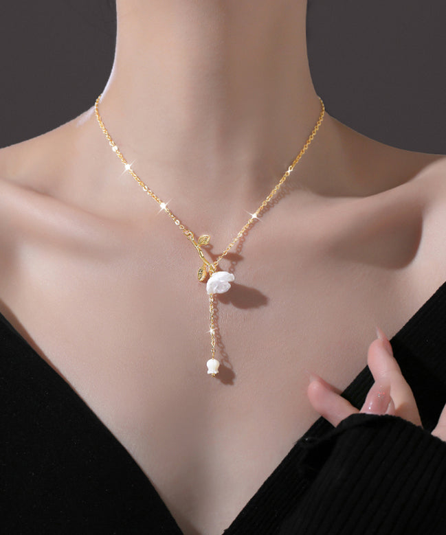 DIY White Copper Overgild Rose Floral Tassel Pendant Necklace