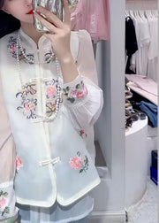DIY White Embroidered Button Chiffon Waistcoat And Shirts Two Piece Set