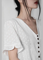 DIY White Hollow Out V Neck Button Cotton Shirt Top Summer - SooLinen