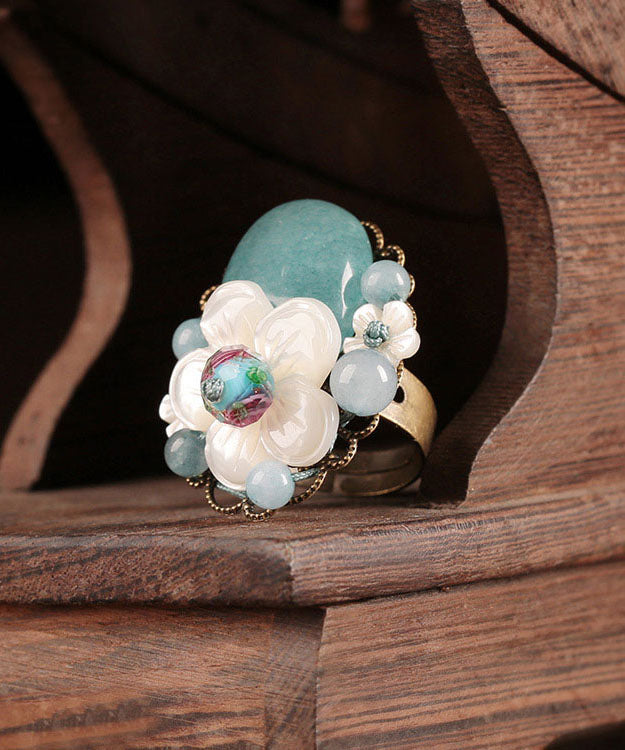 DIY White Jade Coloured Glaze Shell Flower Adjustable Rings