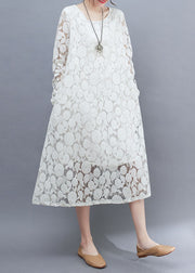 DIY White O-Neck Lace Long Dresses Long Sleeve