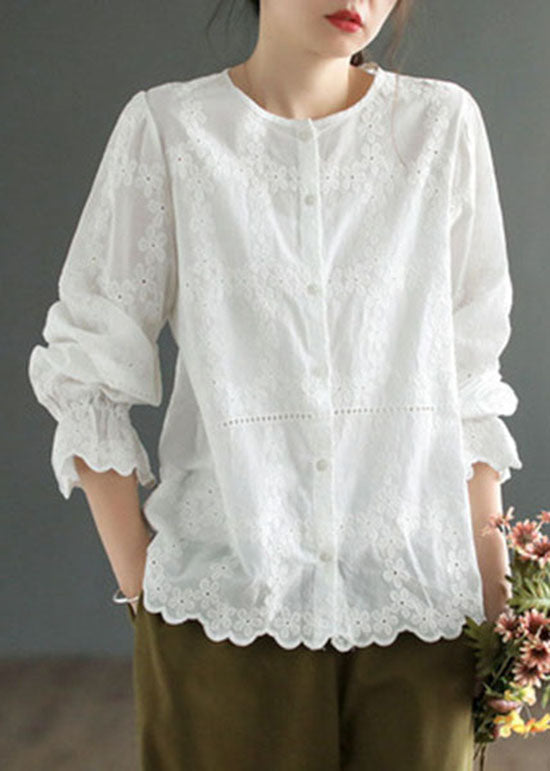 DIY White O Neck Patchwork Embroidered Cotton Blouses Spring