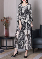 DIY White Oversized Ink Printing Chiffon Two Pieces Set Batwing Sleeve