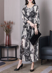 DIY White Oversized Ink Printing Chiffon Two Pieces Set Batwing Sleeve