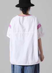 DIY White Patchwork O-Neck Cotton Top Short Sleeve - SooLinen