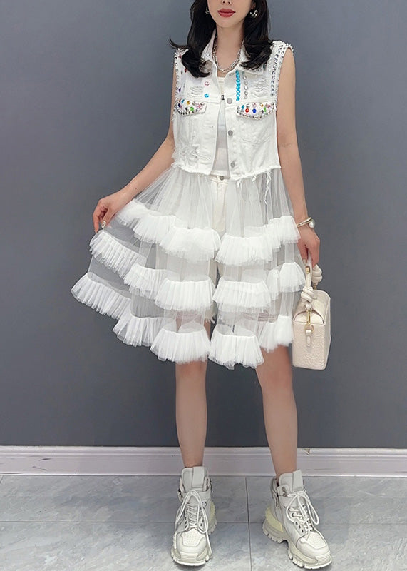 DIY White Peter Pan Collar Print Waistcoat Patchwork Tulle Party Mid Dress Sleeveless