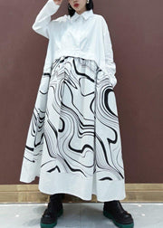 DIY White Print Clothes Lapel Patchwork Maxi Spring Dresses - SooLinen