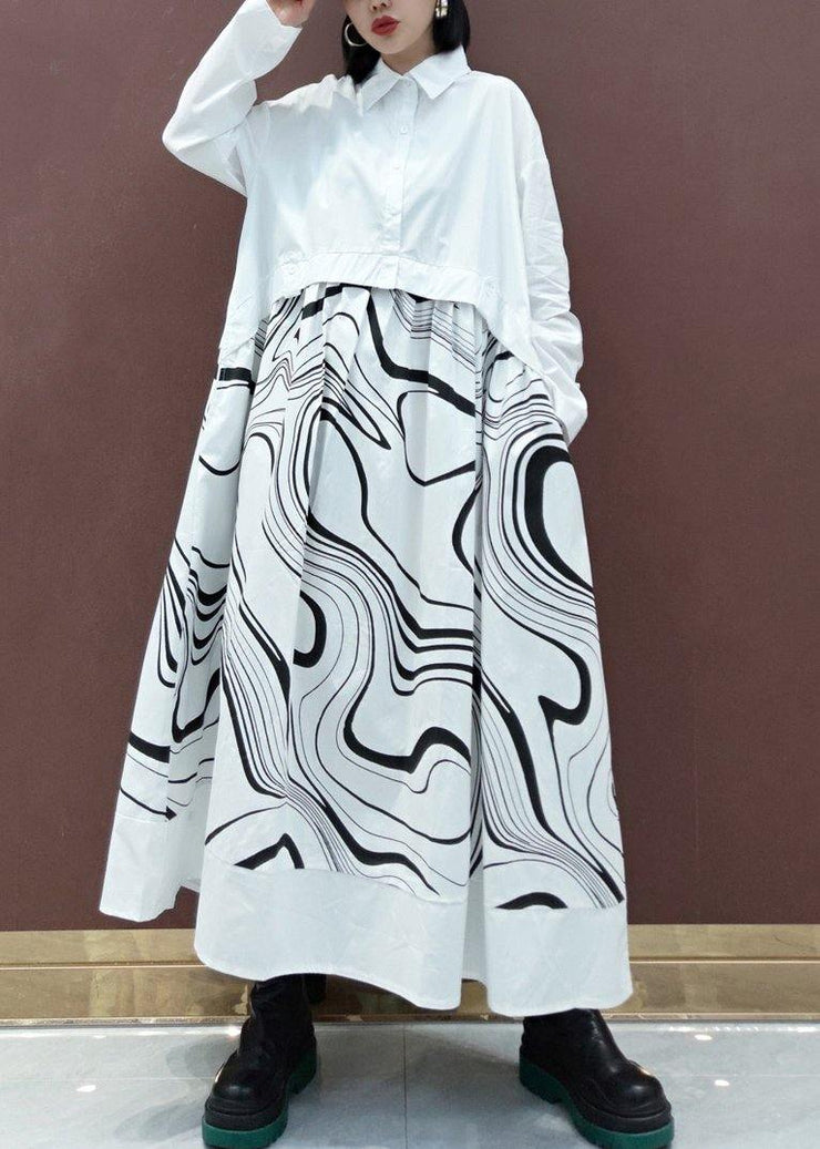 DIY White Print Clothes Lapel Patchwork Maxi Spring Dresses - SooLinen