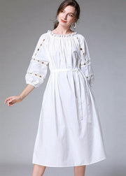 DIY White Slash Necktie Waist Cotton Fall Long Dress Half Sleeve - SooLinen