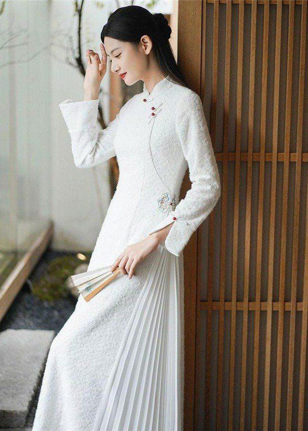 DIY White Stand Collar Patchwork Wrinkled Button Cotton Maxi Dresses Long Sleeve