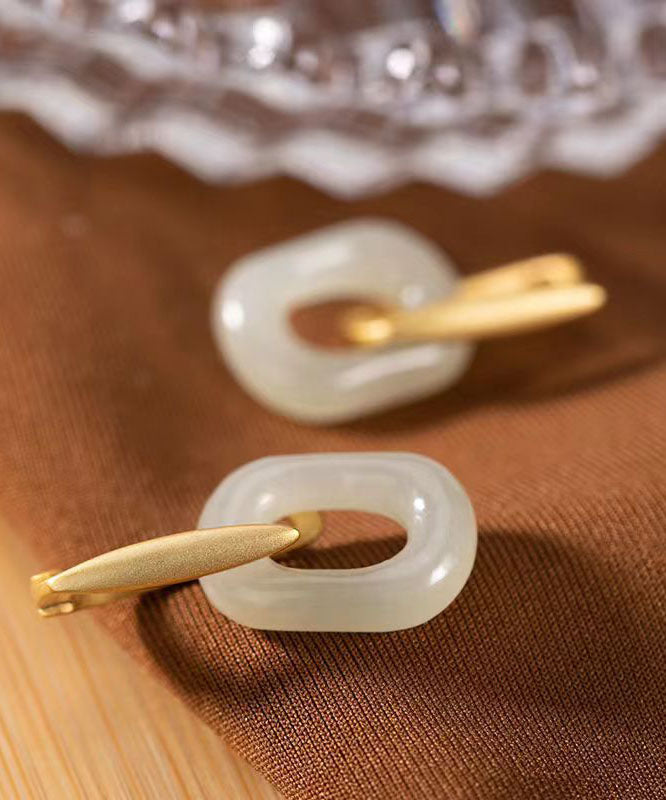 DIY White Sterling Silver Gilded Inlaid Jade Hoop Earrings