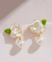 DIY White Sterling Silver Overgild Enamer Pearl Floral Drop Earrings