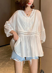 DIY White V Neck Lace Patchwork Shirt Puff Sleeve