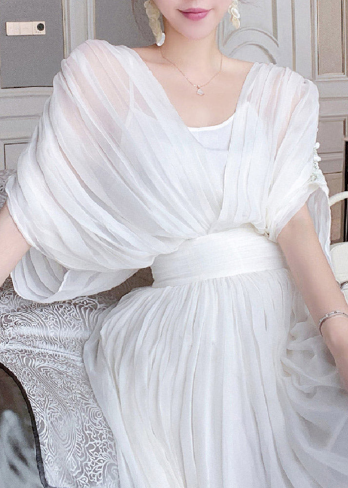 DIY White V Neck Wrinkled Tunic Silk Long Dresses Short Sleeve