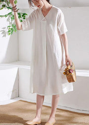 DIY White V Neck lantern Sleeve Summer Linen Maxi Dress Half Sleeve - SooLinen