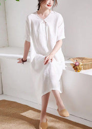 DIY White V Neck lantern Sleeve Summer Linen Maxi Dress Half Sleeve - SooLinen