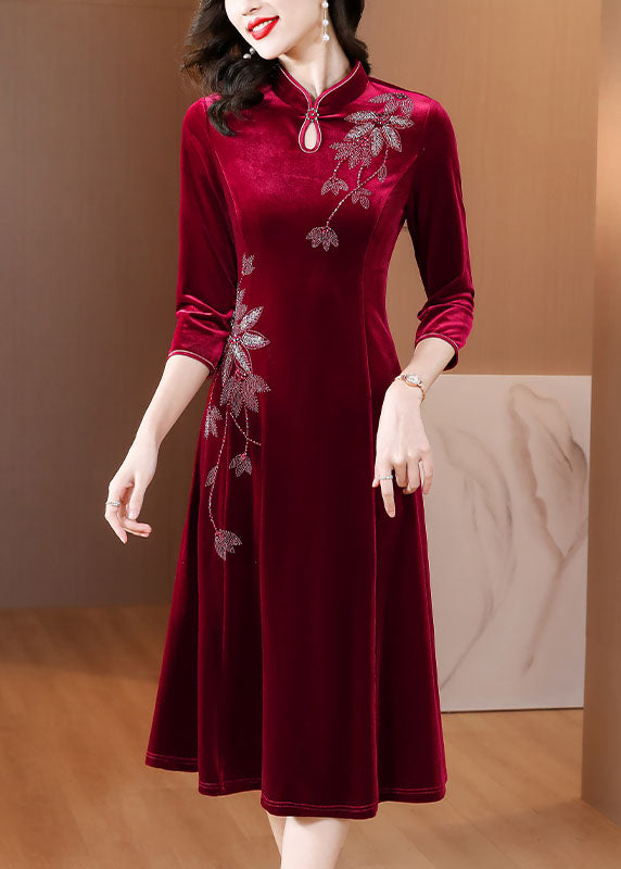 DIY Wine Red Embroidered Slim Silk Velour Long Dress Fall