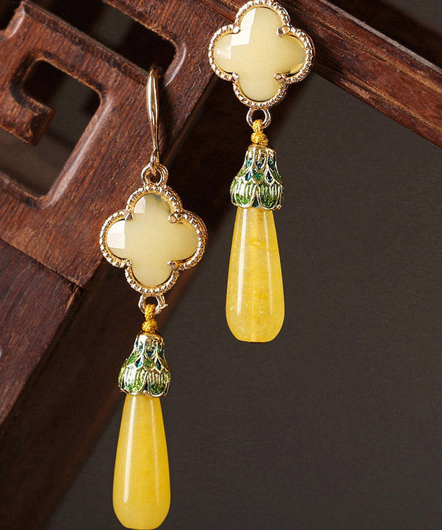 DIY Yellow Copper Jade Coloured Glaze Cloisonne Clover Drop Earrings