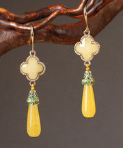 DIY Yellow Copper Jade Coloured Glaze Cloisonne Clover Drop Earrings