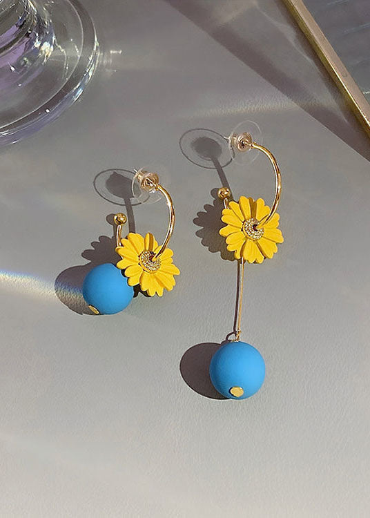 DIY Yellow Daisy Asymmetrical Design Metal Drop Earrings