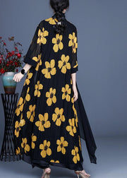 DIY Yellow Floral Summer Three Quarter sleeve Silk Long Loose Jacket - SooLinen