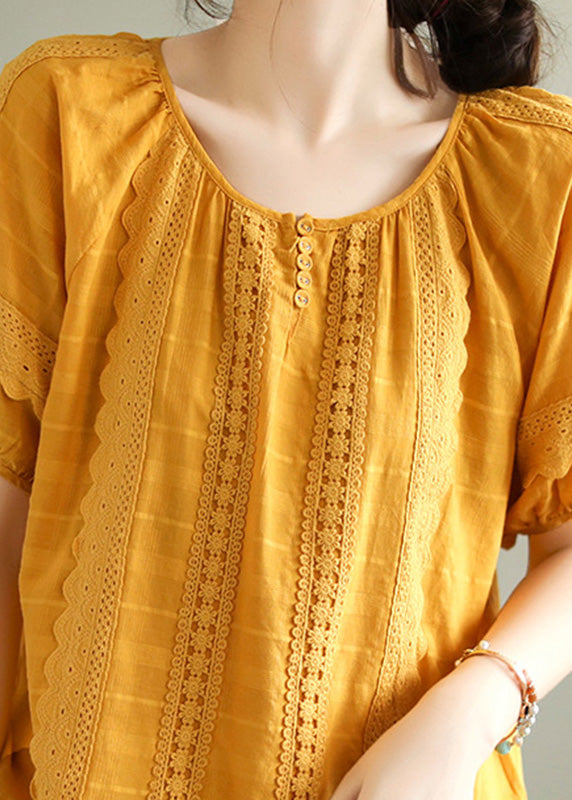 DIY Yellow Lace Patchwork Cotton Shirts Short Sleeve