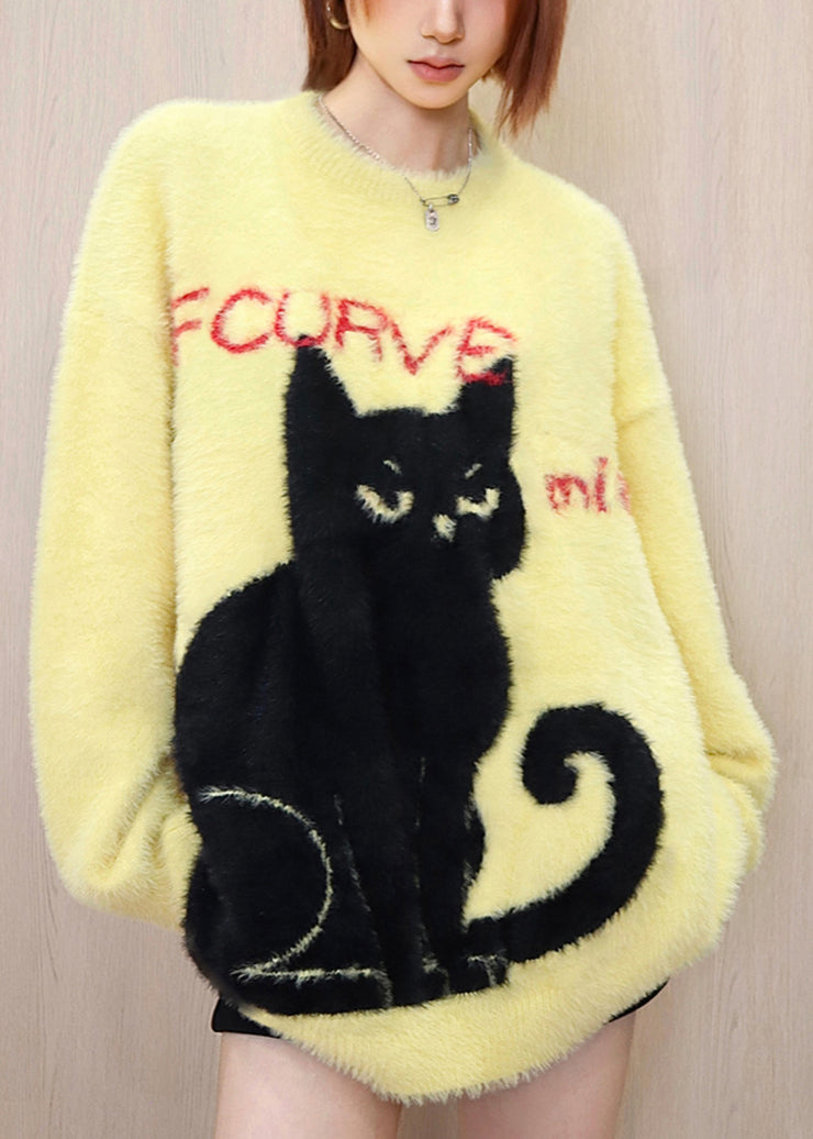 DIY Yellow O Neck Animal Mink Hair Knitted Sweater Tops Spring
