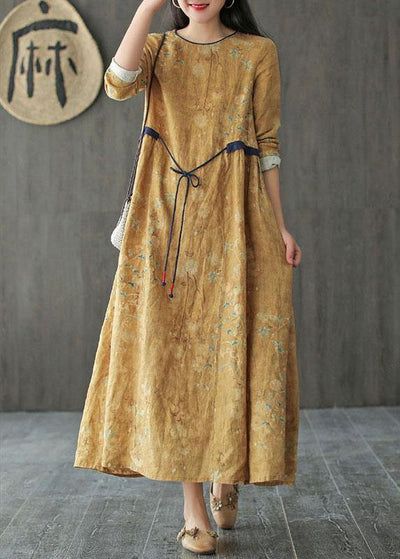 DIY Yellow O-Neck Print Tie Waist Long Sleeve Fall Dress - SooLinen