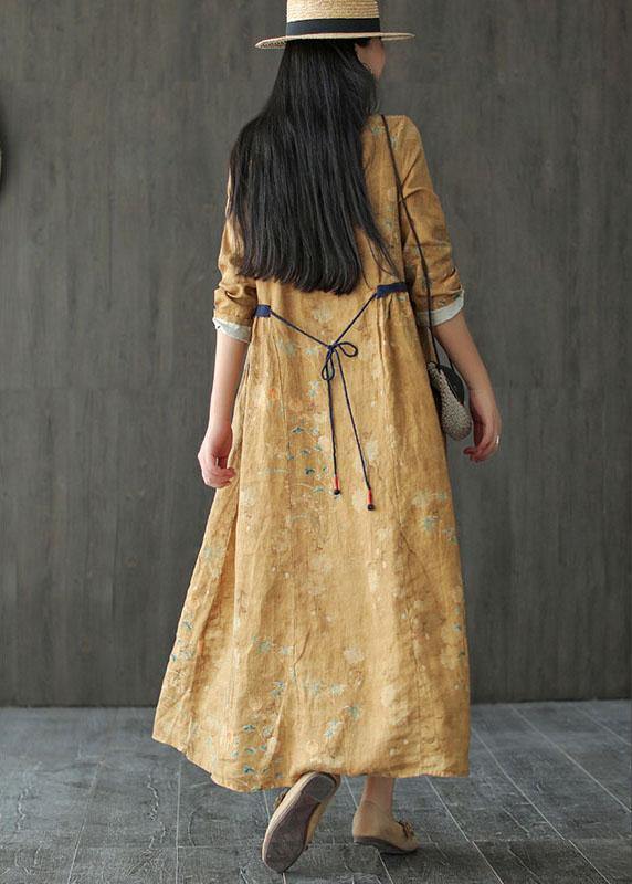 DIY Yellow O-Neck Print Tie Waist Long Sleeve Fall Dress - SooLinen