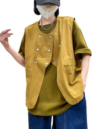 DIY Yellow O-Neck double breast pockets asymmetrical design Cotton Vest Spring
