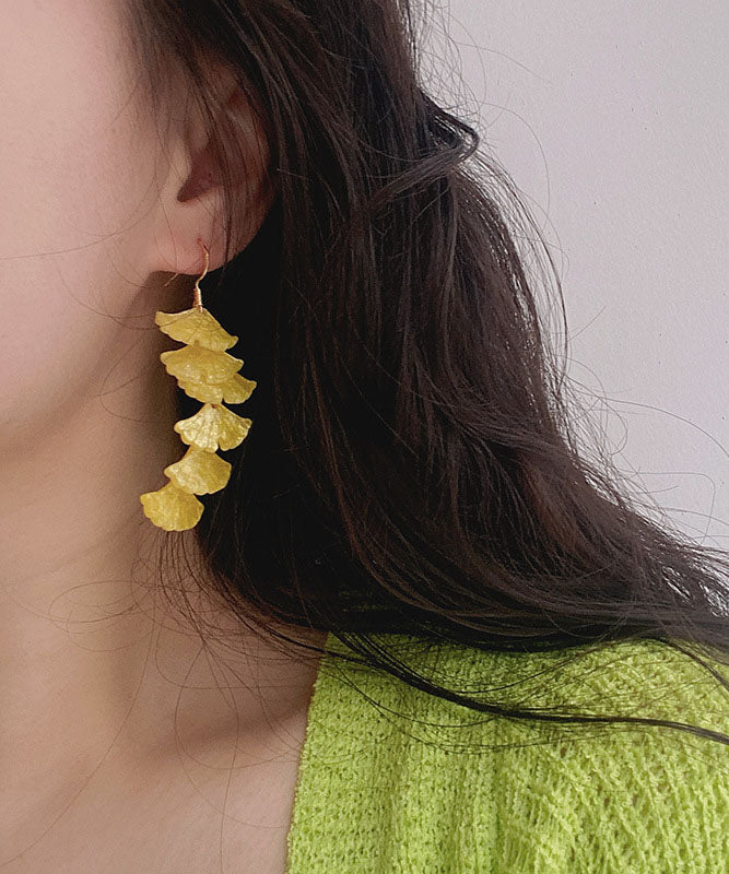 DIY Yellow Overgild Tassel Ginkgo Leaf Drop Earrings