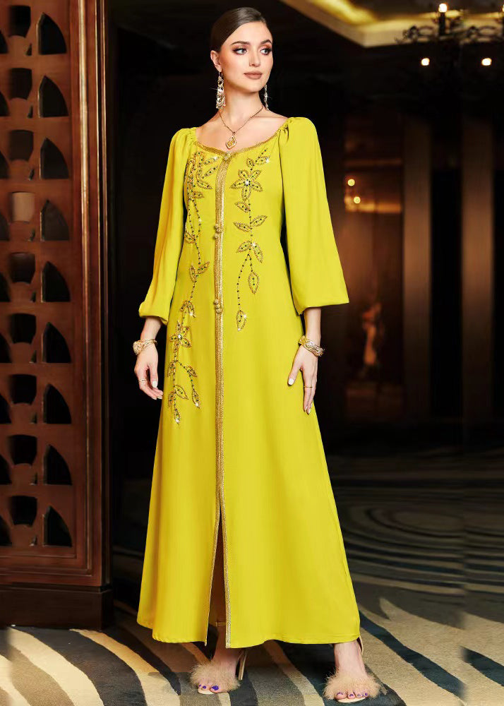 DIY Yellow Patchwork Beaded Light Luxury Silk Dress Fall