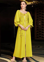 DIY Yellow Patchwork Beaded Light Luxury Silk Dress Fall