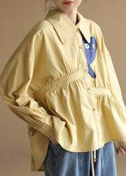 DIY Yellow Peter Pan Collar Asymmetrical Wrinkled Cat Applique Cotton Shirt Long Sleeve