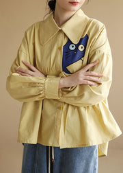DIY gelber Peter Pan-Kragen, asymmetrisch, faltig, Katzenapplikation, Baumwollhemd mit langen Ärmeln