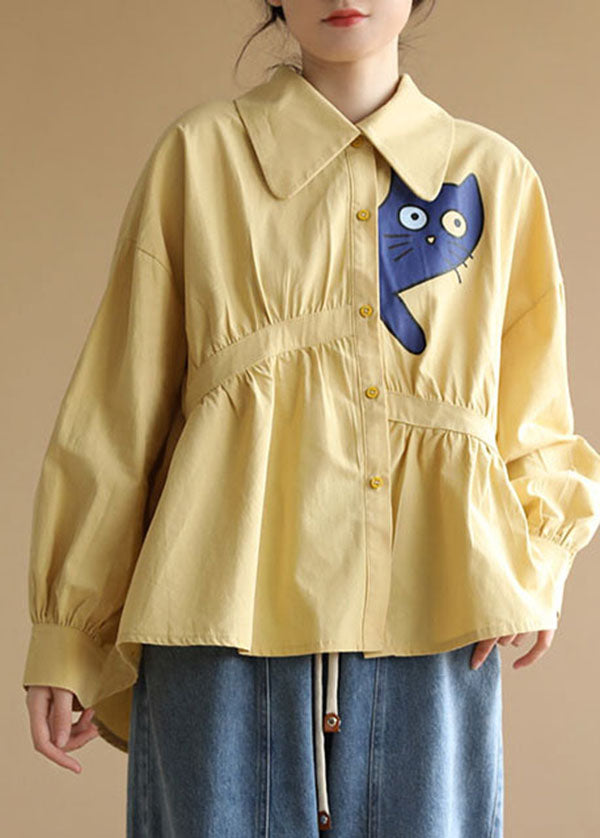 DIY Yellow Peter Pan Collar Asymmetrical Wrinkled Cat Applique Cotton Shirt Long Sleeve