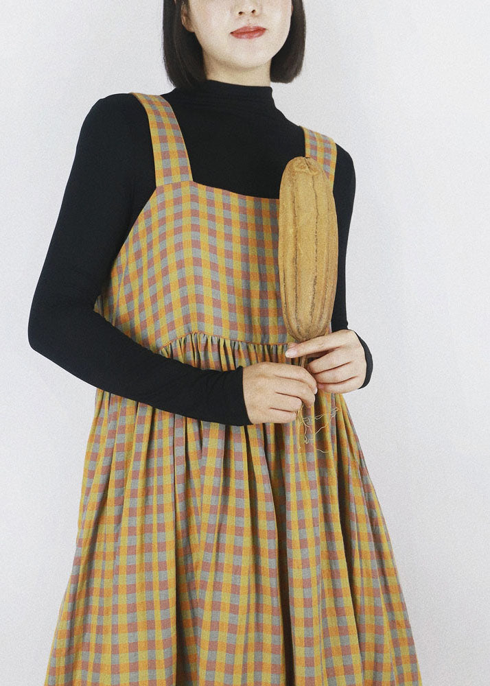 DIY Yellow Plaid Patchwork Wrinkled Wear On Both Sides Cotton Vacation Strap Dresses Summer