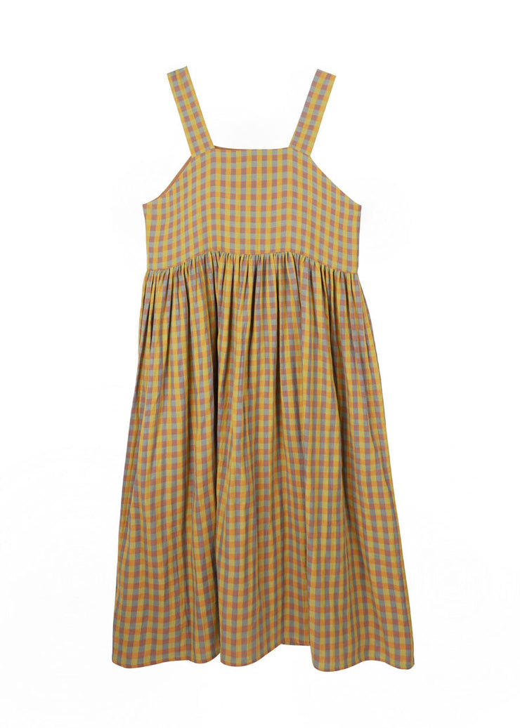 DIY Yellow Plaid Patchwork Wrinkled Wear On Both Sides Cotton Vacation Strap Dresses Summer