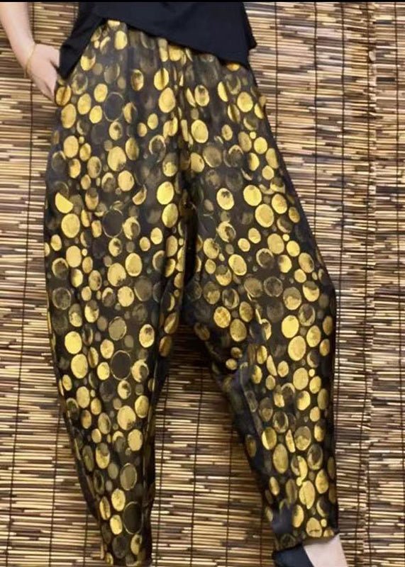 DIY Yellow Pockets Print Elastic Waist Harem Pants Summer