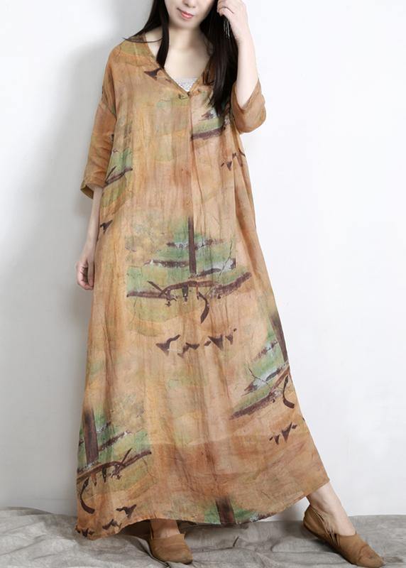 DIY Yellow Print Linen Oversize Summer Long Dress - SooLinen