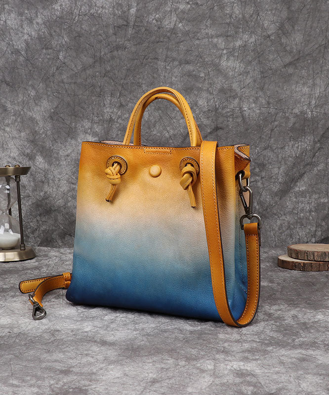 DIY Yellow Rub color Paitings Calf Leather Tote Handbag
