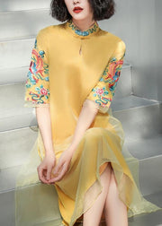 DIY Yellow Stand Collar Embroidered Button Tulle Silk Dress Long Sleeve