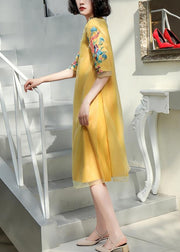 DIY Yellow Stand Collar Embroidered Button Tulle Silk Dress Long Sleeve