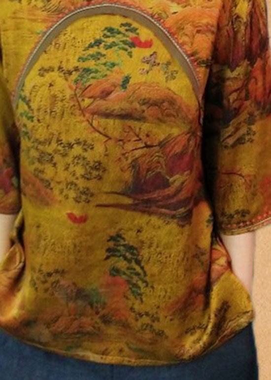 DIY Yellow Stand Collar Print Patchwork Silk Shirt Top Spring