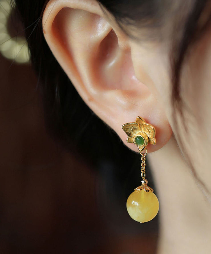 DIY Yellow Sterling Silver Beeswax Amber Jade Floral Drop Earrings