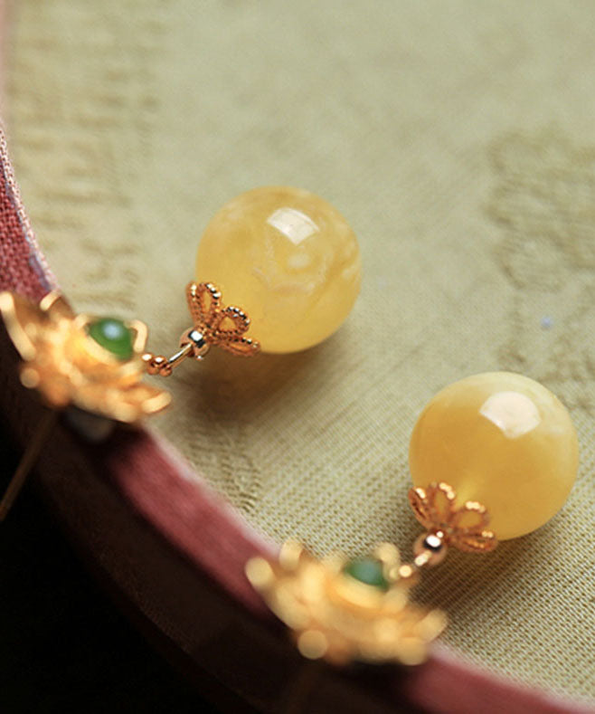 DIY Yellow Sterling Silver Beeswax Amber Jade Floral Drop Earrings