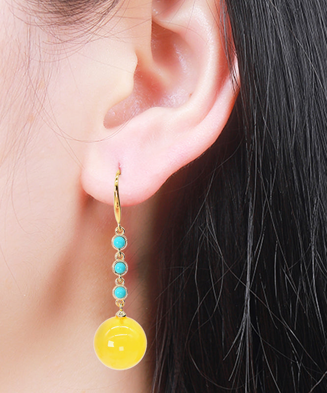 DIY Yellow Sterling Silver Overgild Turquoise Beeswax Skinny Drop Earrings